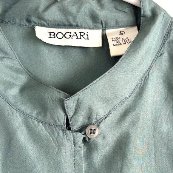 Bogari 100% Silk Tunic Button Front Satin Blouse Top Womens L Green Sage - Picture 2 of 9